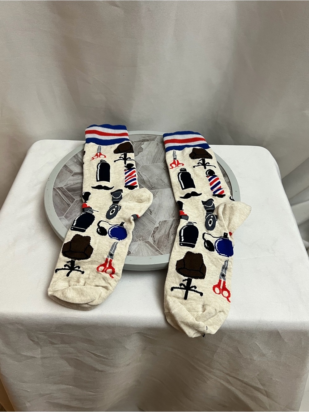 Novelty Barber Shop Crew Socks Hair Stylist Barber Pole Scissors Mustache